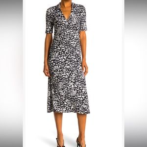 Dual Nature Collared Dress Abstract Animal Print Black/White Small Ruched Sides